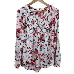 Lucky Brand Womens Blouse Size Medium Long Sleeve Watercolor Floral Smocked Boho